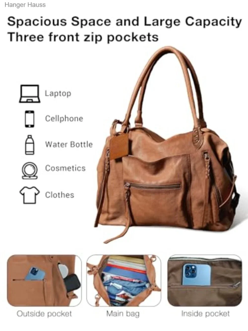 Large Vegan Leather Tote Bag with Zipper and Adjustable Strap for Work Travel